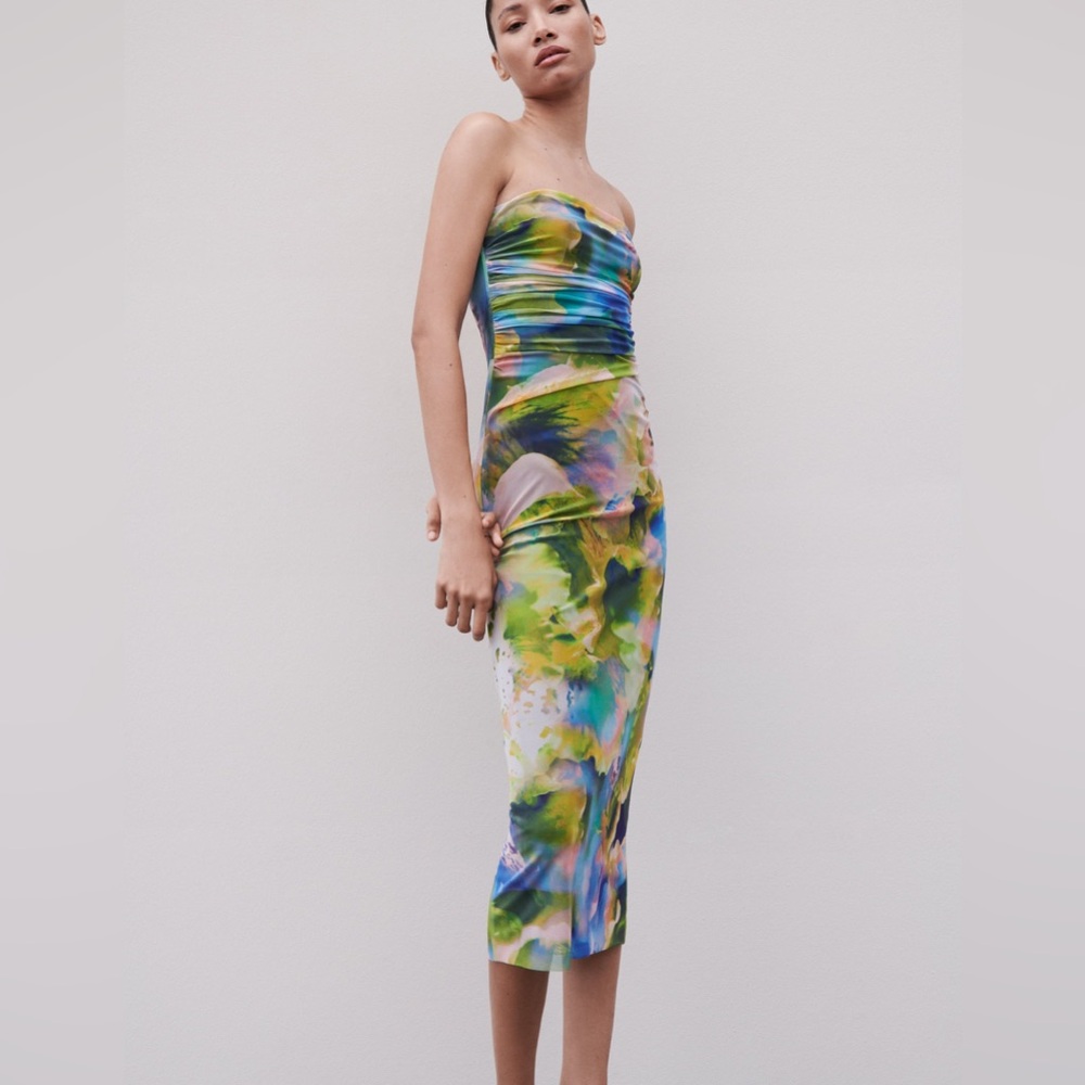 Zara strapless printed dress blogger favorite